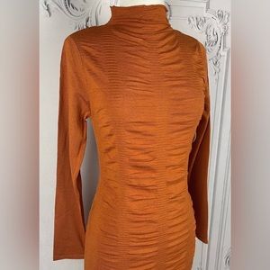 Chic Rust Midi Dress with Ruched Design